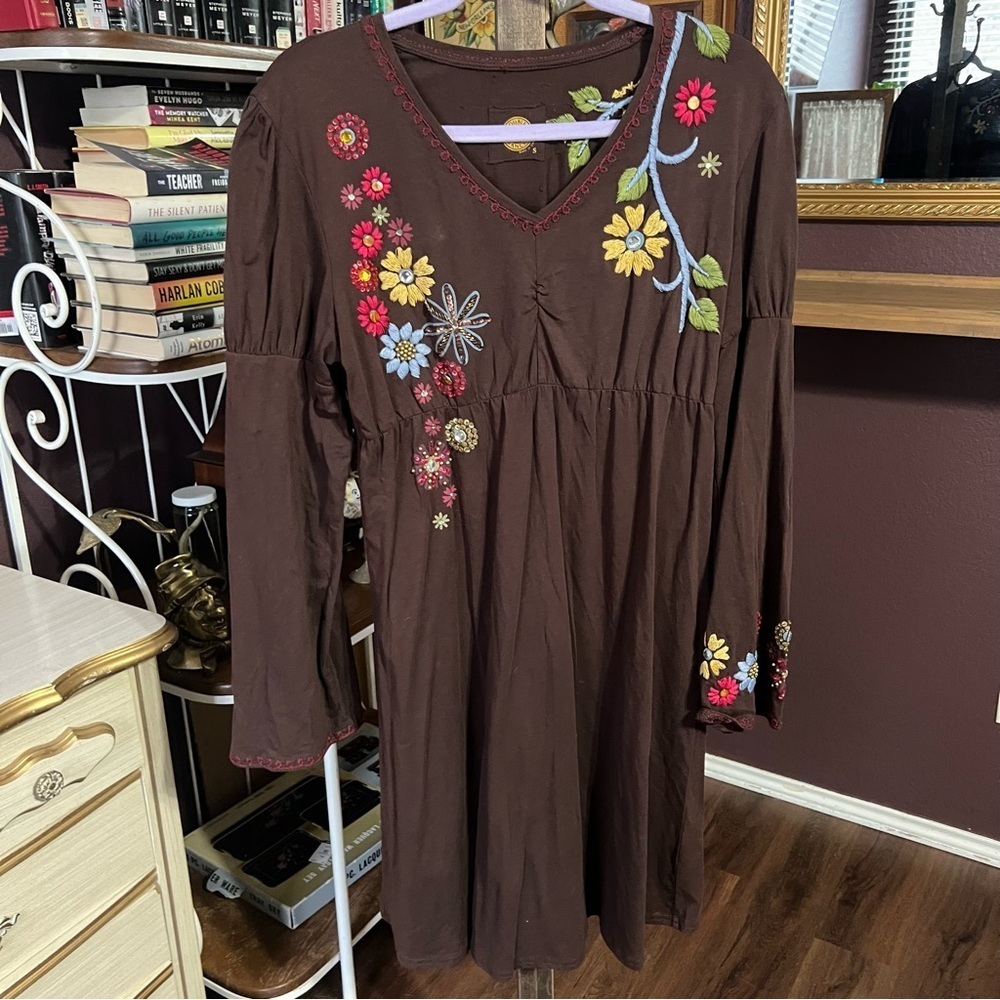 Double D Ranch Brown Embroidered Cotton Dress Size Small
